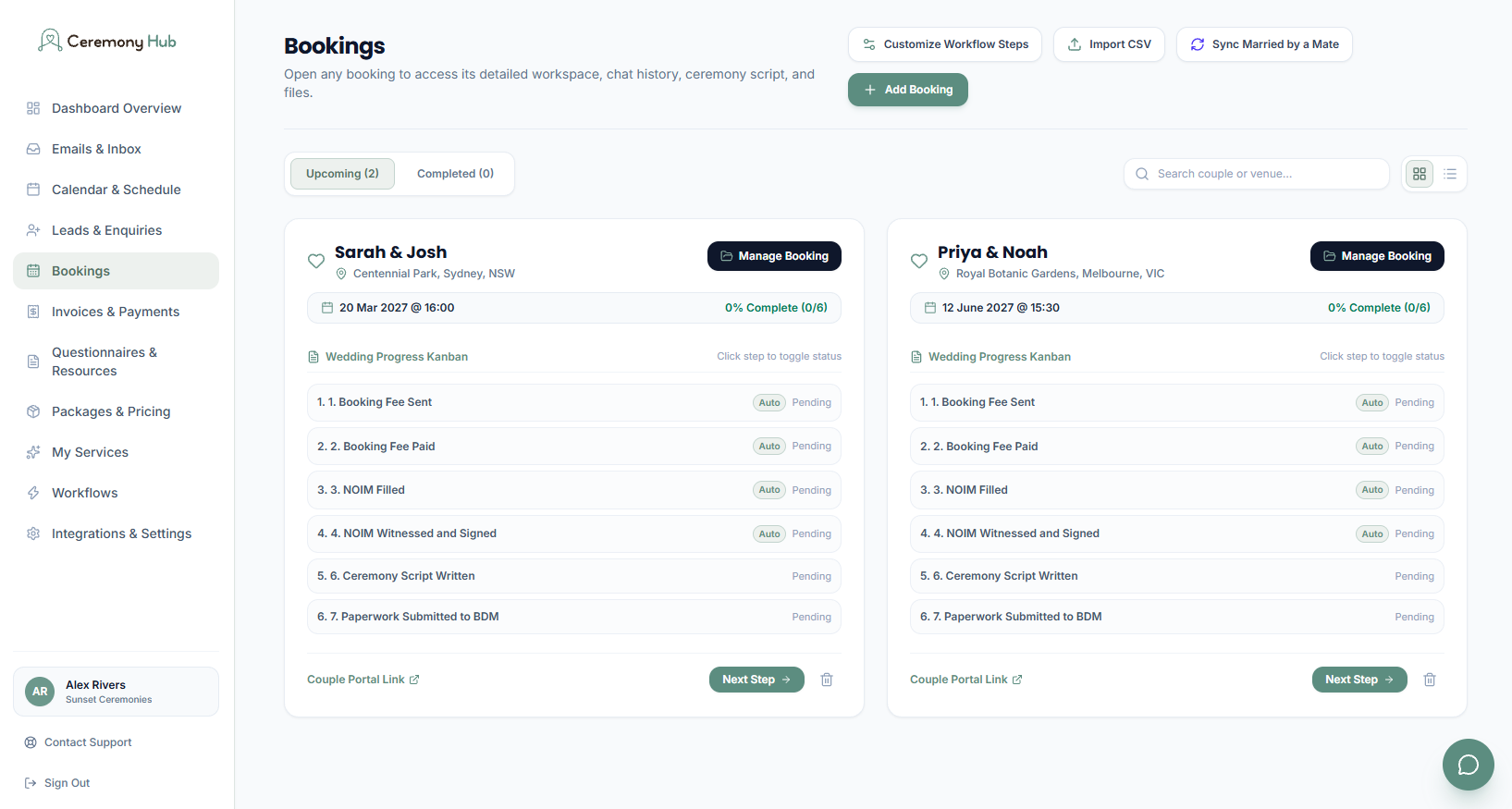 Ceremony Hub booking workspace showing weddings and progress checklists