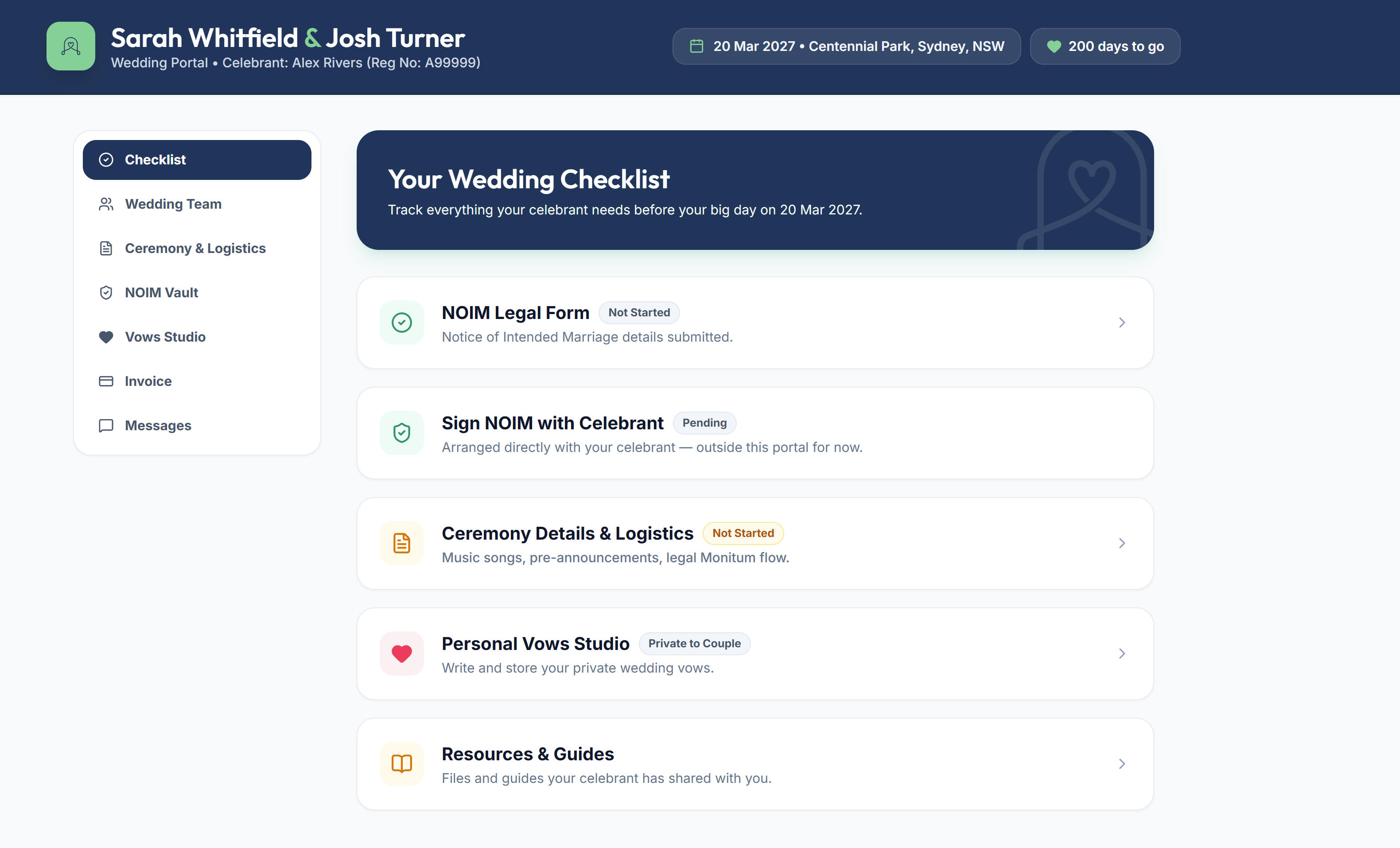 Ceremony Hub couple portal for Sarah Whitfield & Josh Turner showing their wedding checklist, a countdown to their 20 March 2027 wedding day, and sidebar sections for Ceremony & Logistics, NOIM Vault, Vows Studio, Invoice, and Messages