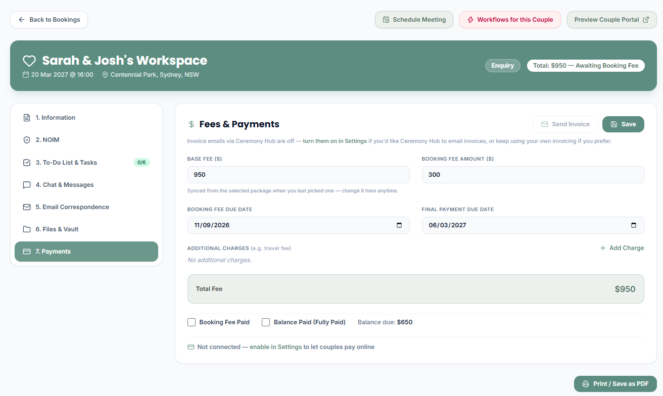 Ceremony Hub fees and payments view showing booking fee, due dates and outstanding balance