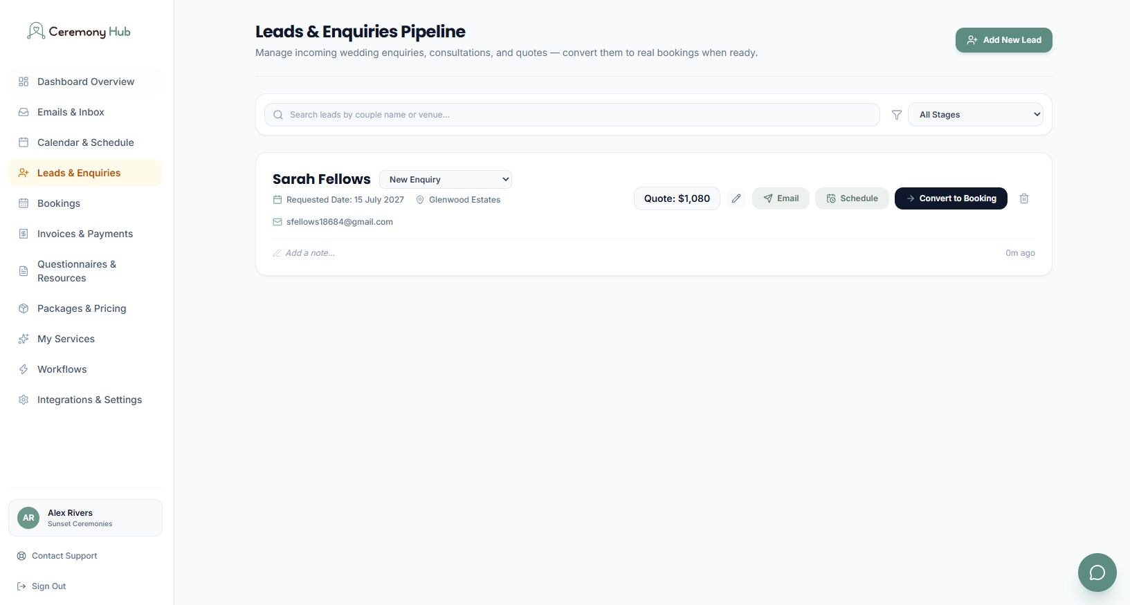 Ceremony Hub leads pipeline showing an enquiry with a $1,080 quote, venue, and quick actions to email, schedule, or convert to a booking