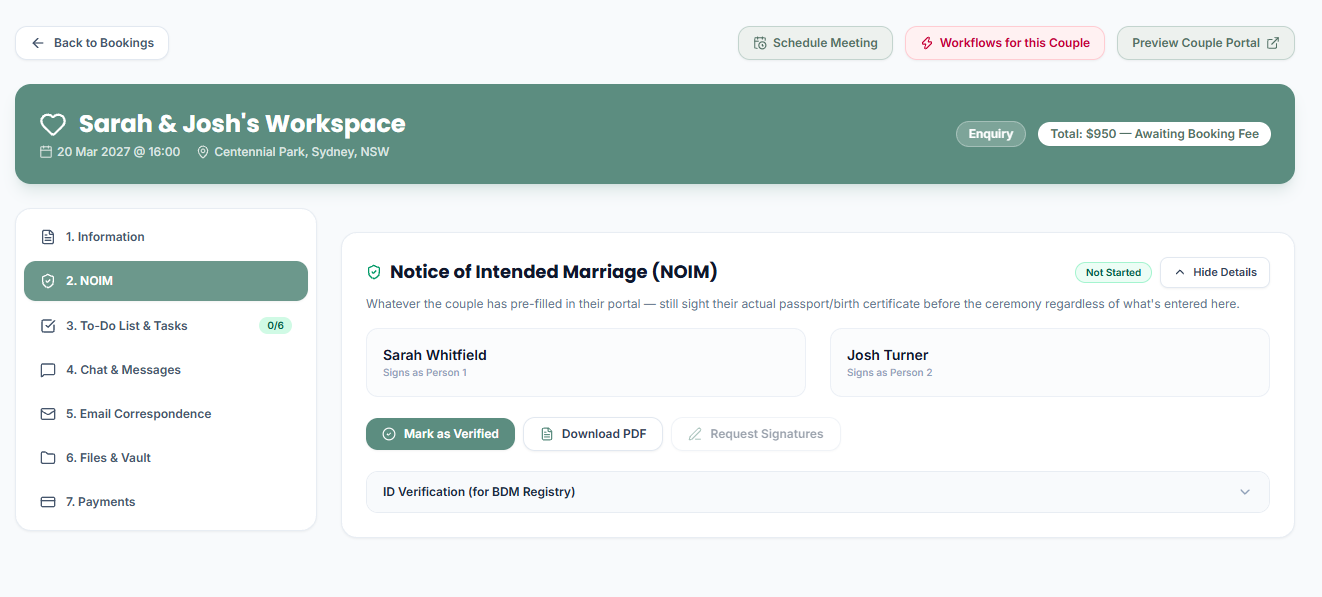 Ceremony Hub NOIM workspace with document details and signing actions